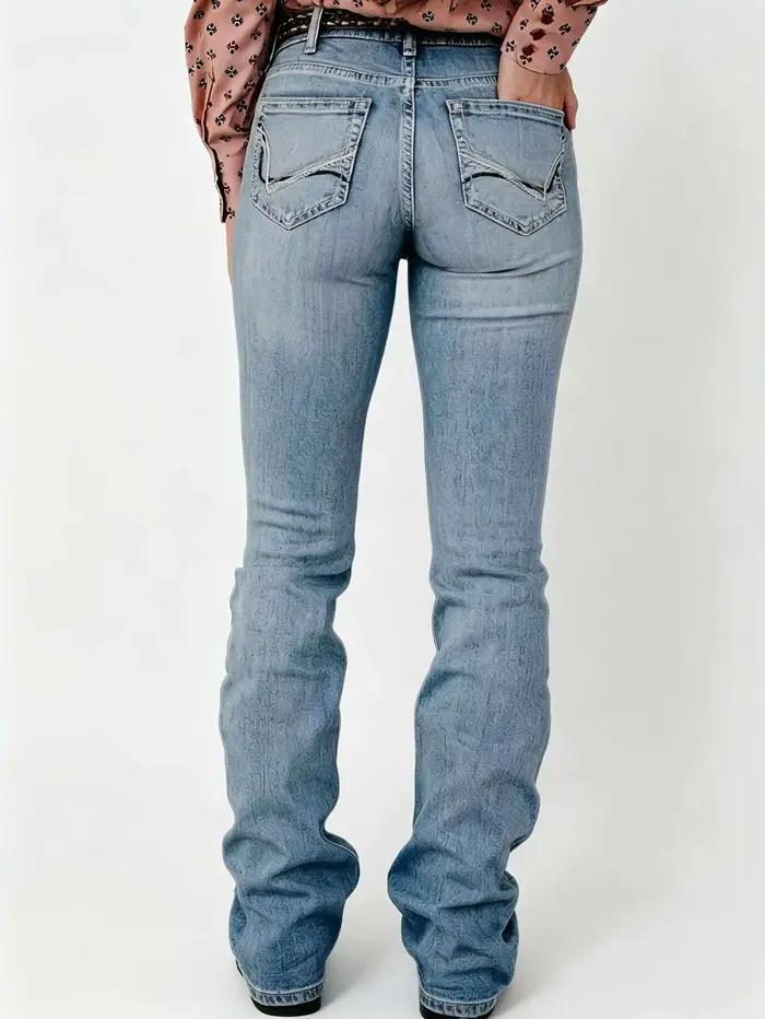 Jean bootcut bleu clair à haute élasticité avec poches brodées au dos