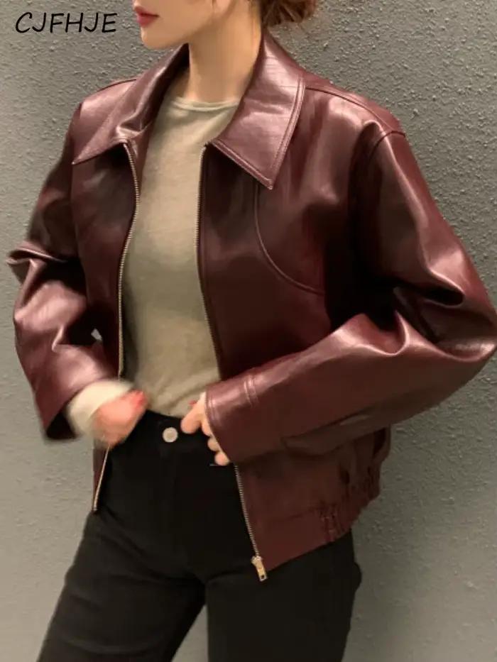Blouson en simili cuir décontracté CJFHJE pour femmes, automne-hiver, col rabattu, fermeture éclair robuste, polyester PVC, couleur beige ou noir, taille S/M/L