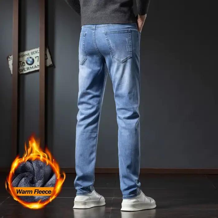 2025 hiver polaire jean hommes mode élastique mince droit chaud pantalon épaissir affaires décontracté coréen thermique