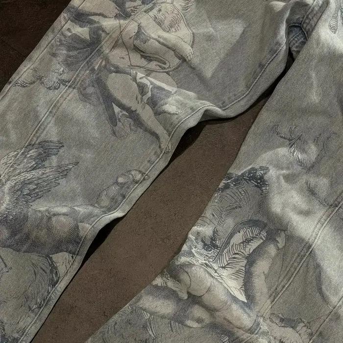 Nouveau Jean Droit Rétro Tendance Motif Ange Cupidon Y2K Délavé Style Américain Urbain Décontracté Coupe Droite Ample Unisexe