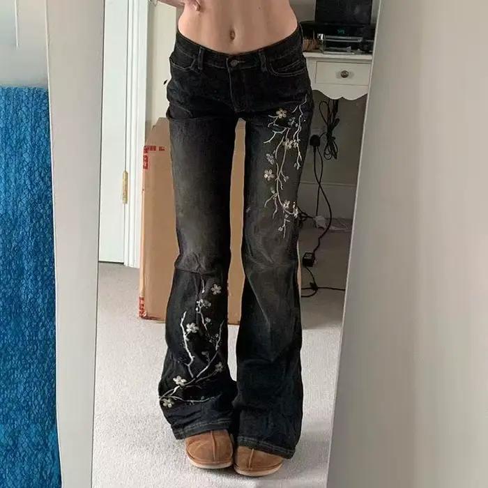 Jean Harajuku vintage évasé brodé de fleurs pour femmes style rétro y2k occassions spéciales