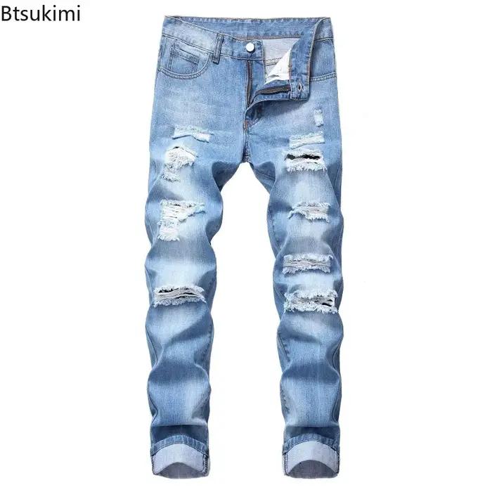 Nouveaux Jeans Hommes Vintage Délavés Style Punk Urbain Coupe Skinny Déchirée Pantalon Crayon Décontracté Trous Tendance Printemps