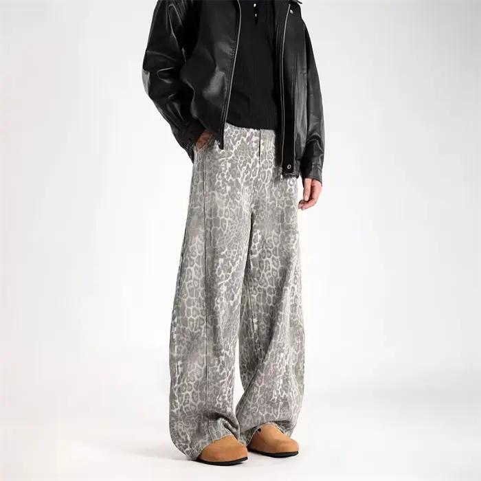 Nouveau Jean Y2K Vintage Effet Vieilli Imprimé Léopard 2026 pour Homme – Pantalon en Denim Ample et Courbé Style Hip Hop Punk Tendance