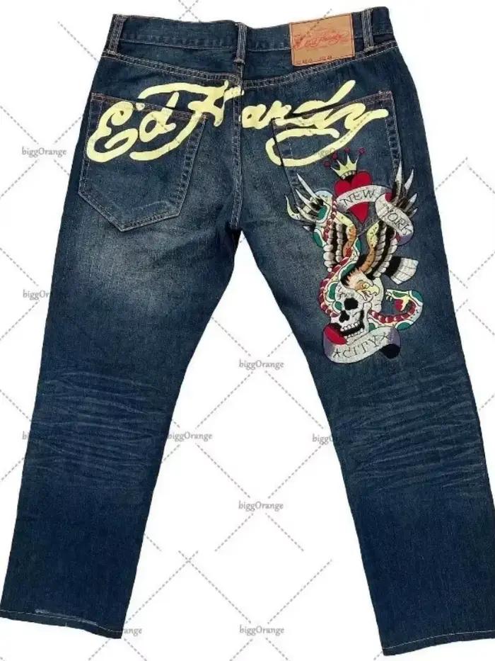 Jean pour hommes Streetwear Y2K Vintage jambe droite Denim pantalon crâne Rose flamme impression conception coupe ample rétro Punk Hip Hop mode