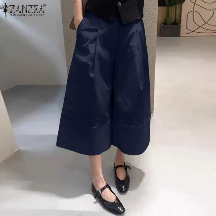 ZANZEA femmes décontracté mollet longueur pantalon élastique dos taille couleur unie jambe large recadrée