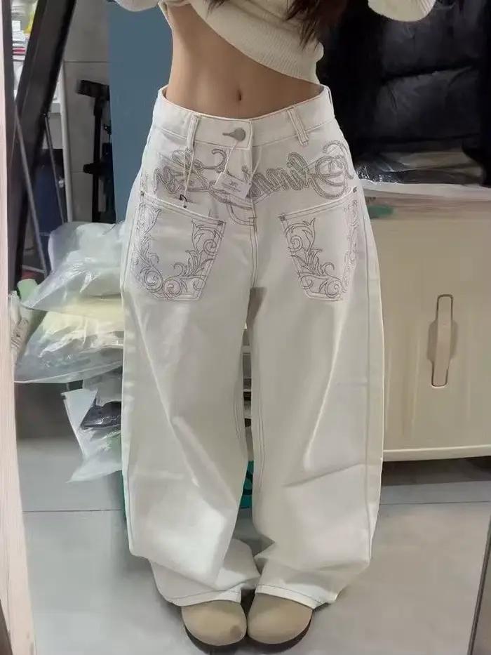 Jean baggy blanc Zynvora brodé, coupe ample, style Y2K, Harajuku, années 2000, rétro américain, grunge, tendance High Street, nouvelle arrivée