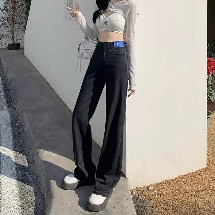 Jean Lyocell Bleu Noir Femme Taille Haute Coupe Droite Jambes Larges Mode Streetwear Occasionnels Été