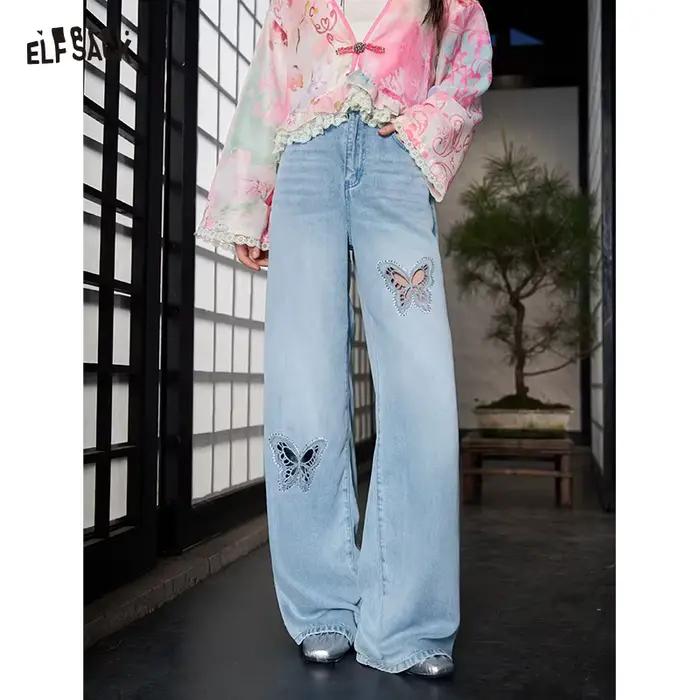 Jean à jambes larges ample à taille haute avec découpe papillon et strass pour femmes style décontracté occassions estivales et printanières