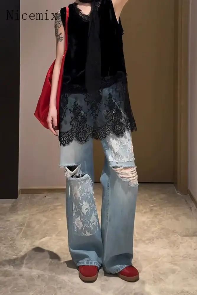 Nicemix été américain ample décontracté dentelle Patchwork déchiré jean pour femmes épicé fille rétro lavé taille haute jambe large pantalon