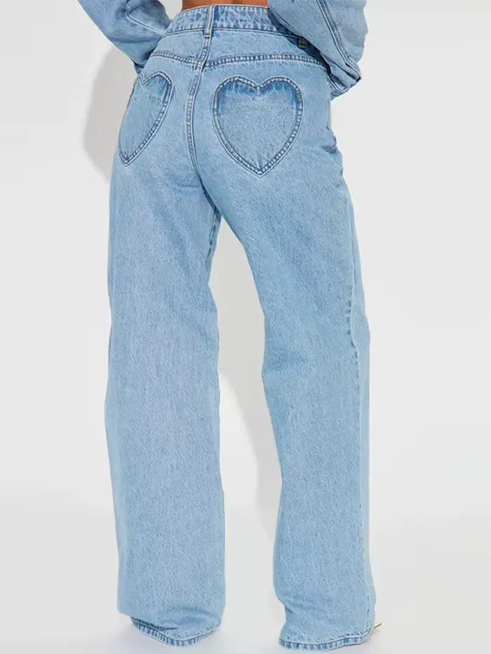 Pantalon en jean Denim bleu délavé pour femmes avec poches en forme de cœur haute taille large streetwear tendance printemps été
