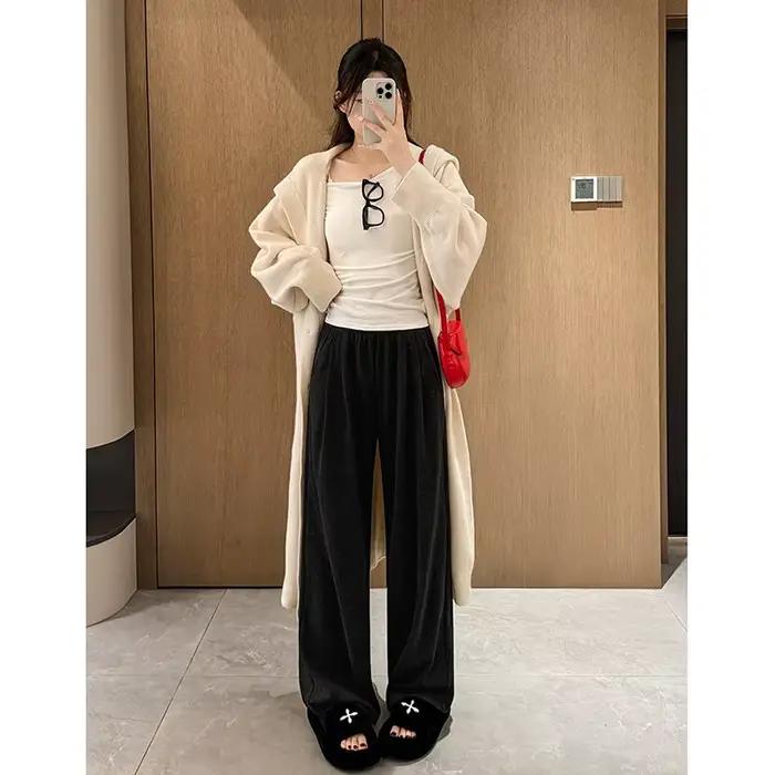 Jambe large pour les femmes en automne hiver nouveau pantalon décontracté amincissant ample taille haute