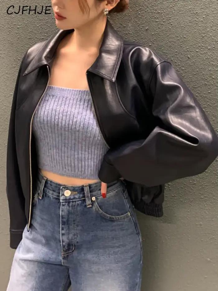 Blouson en simili cuir décontracté CJFHJE pour femmes, automne-hiver, col rabattu, fermeture éclair robuste, polyester PVC, couleur beige ou noir, taille S/M/L