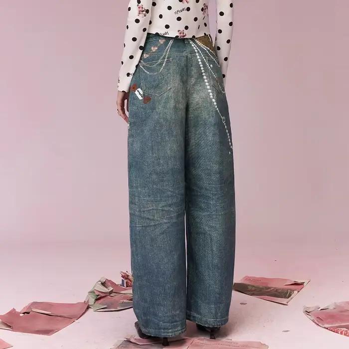 ELFSACK Jeans vintage à jambes larges avec chaîne en forme de cœur et imprimé nœud