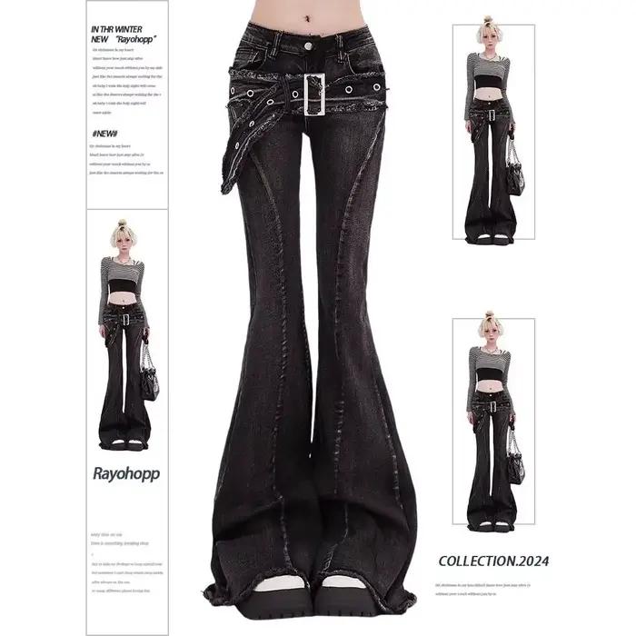 Jeans Vintage Slim Micro-évasés Femme Pantalon Y2K Taille Haute Décoré Boutons Occasions Spéciales