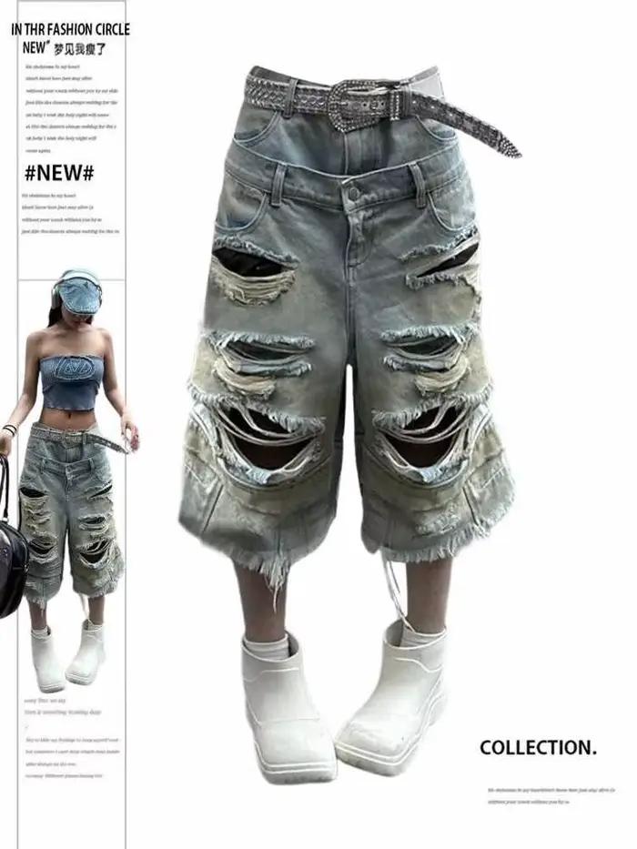 Femmes Y2k Jean déchiré Harajuku Wasteland Style Baggy Denim pantalon Vintage petit ami surdimensionné