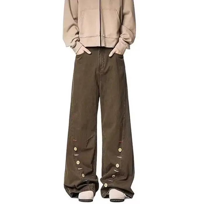 Nouveau Jean Homme Rétro à Boutons Marron Coupe Ample Décontracté Droit Courbé en Denim Printemps 2026 Style High Street Y2K
