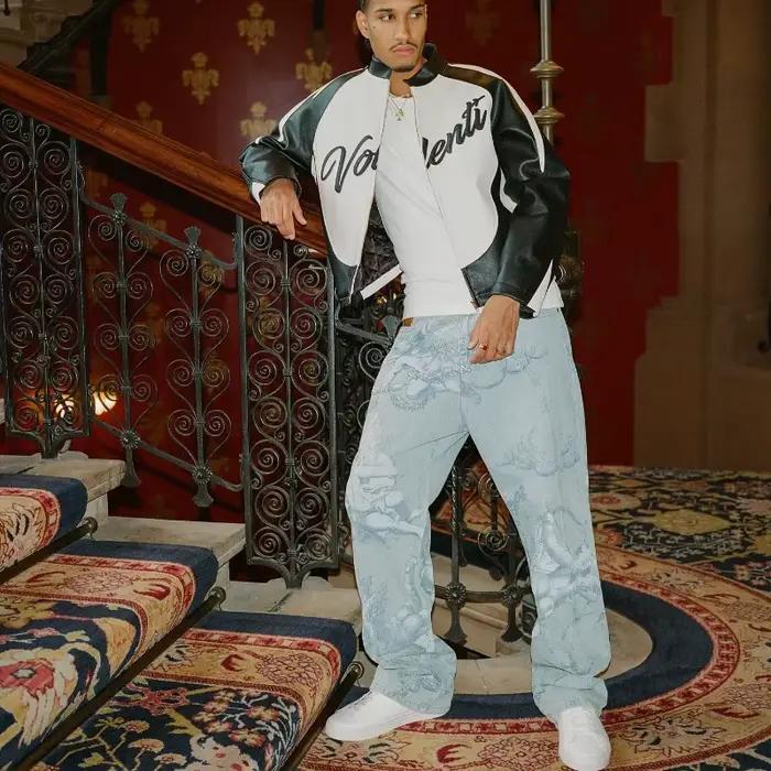 Jeans baggy BiggOrange style américain rétro coupe droite motif flèches de Cupidon décontracté pour homme et femme occasions shopping et quotidienne