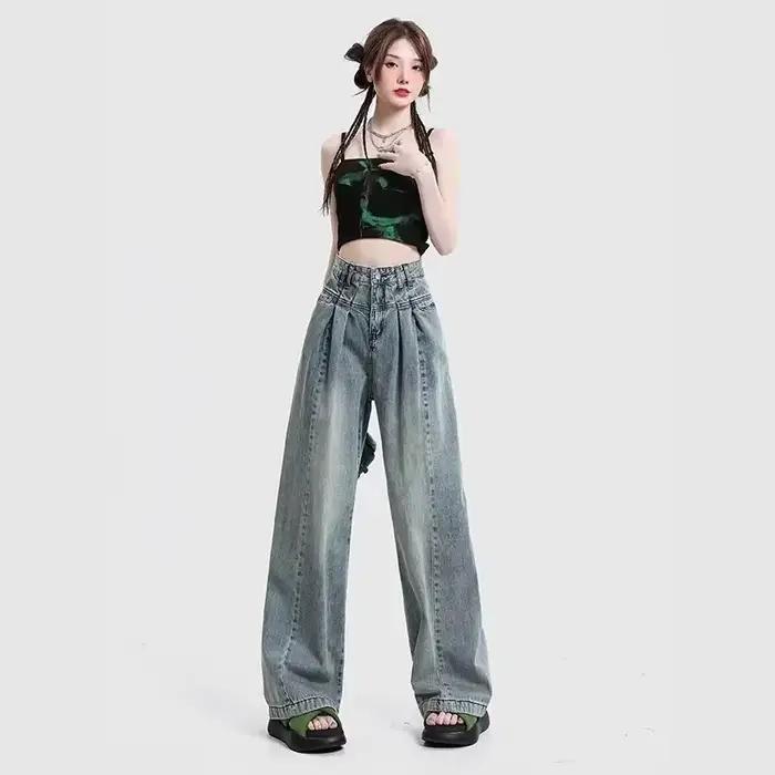 Jean en denim bleu rétro à jambe large pour femme