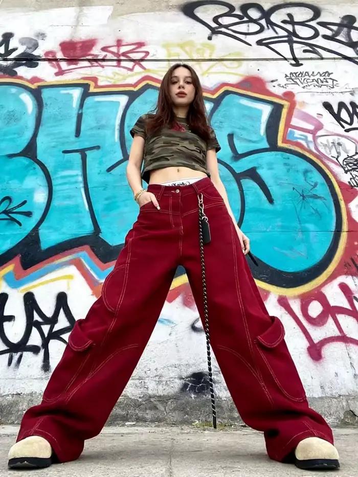 Jean Rue Vintage Y2K Harajuku Rouge Baggy Pantalon Taille Haute Pour Femmes Occasions Spéciales