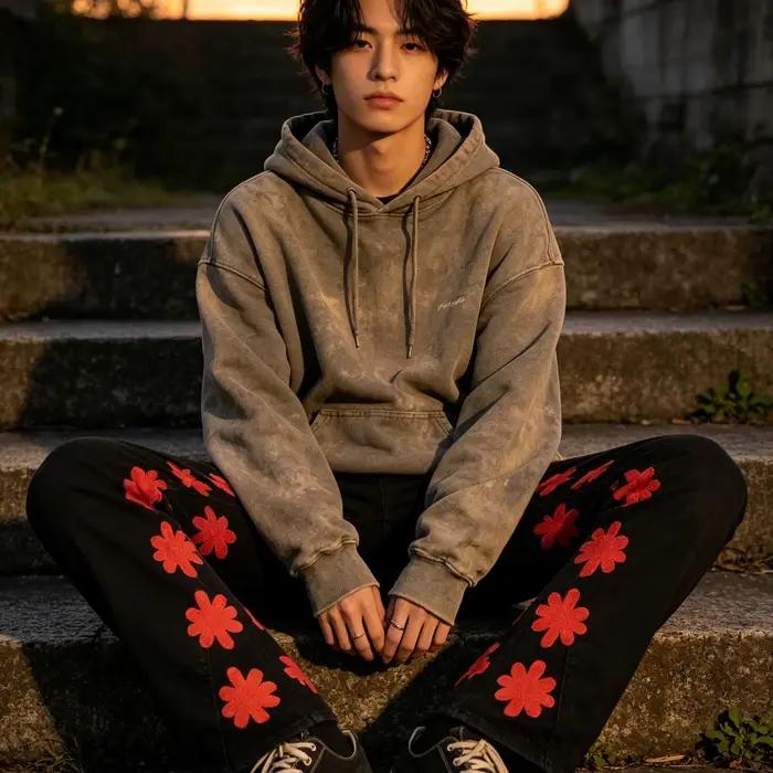 LOSTSHDWS Jean évasé brodé à fleurs pour homme – Pantalon en denim vintage délavé et usé style Y2K Hip Hop Streetwear