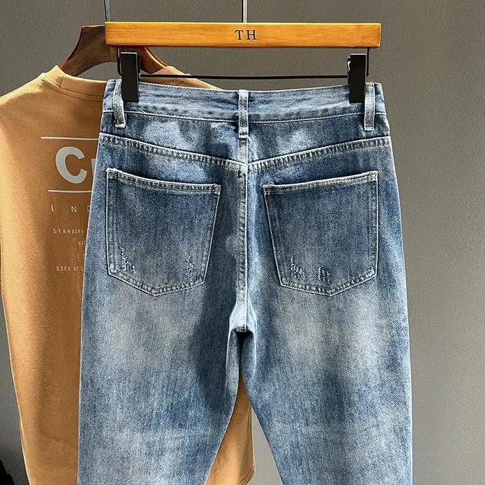Jean déchiré à trous coniques pour homme, denim effiloché, vintage, décontracté, bleu, nouvelle collection, pantalon sarouel, toile épaisse, ajustement ample, quatre saisons, quotidien