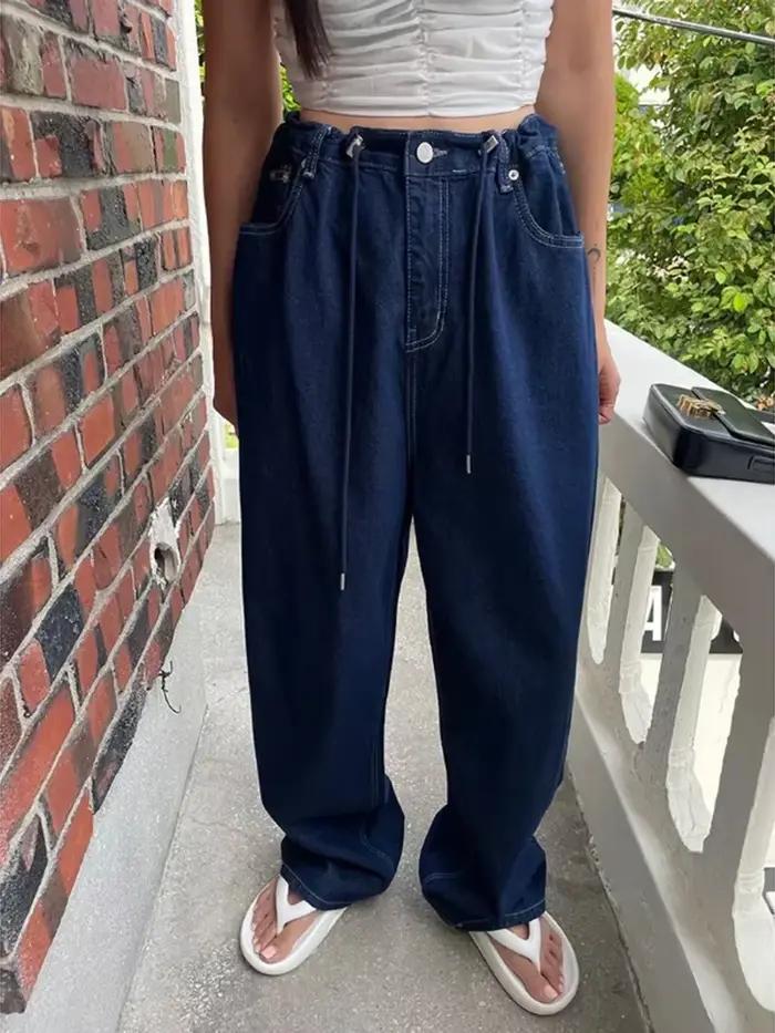 Coréen Ins rétro polyvalent taille haute femmes jambe droite jean été nouvelle mode cordon ample conception
