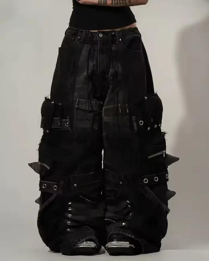 Pantalon en jean noir déchiré unisexe Y2K avec plusieurs poches cargo