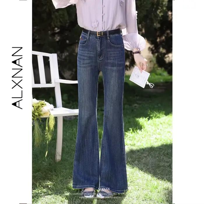 ALXNAN Jean bleu vintage taille haute en coton évasé pour femme