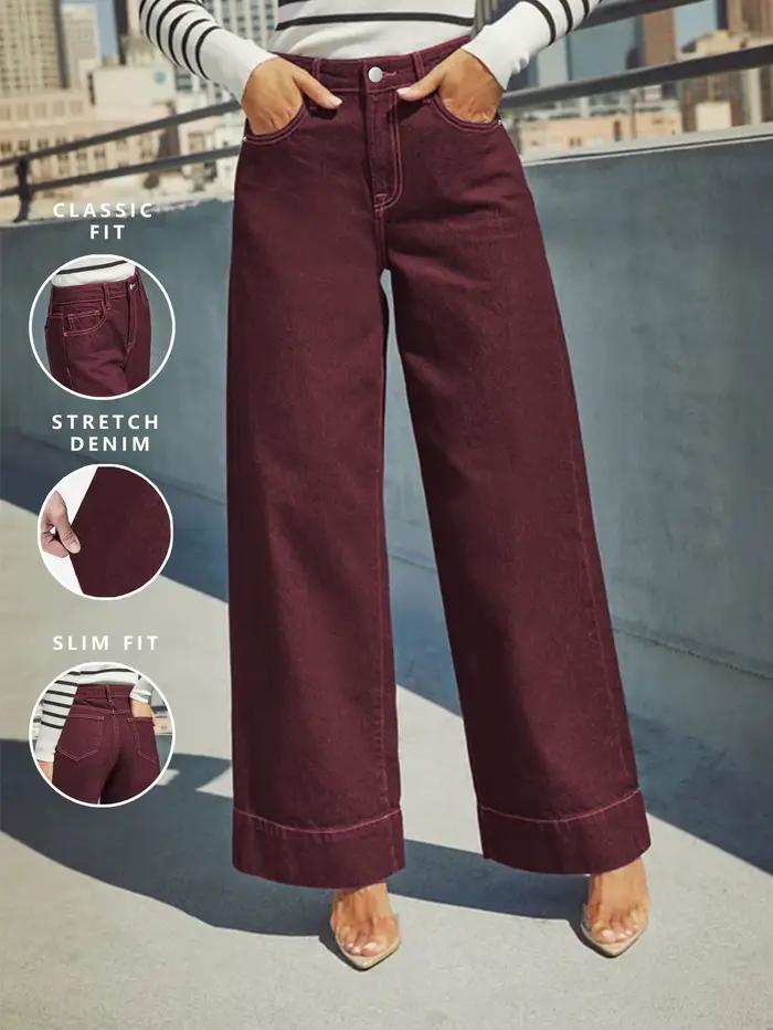 Jean Taille Haute Bordeaux Pour Femmes Style Polyvalent Jambes Larges Denim Extensible Occasions Spéciales
