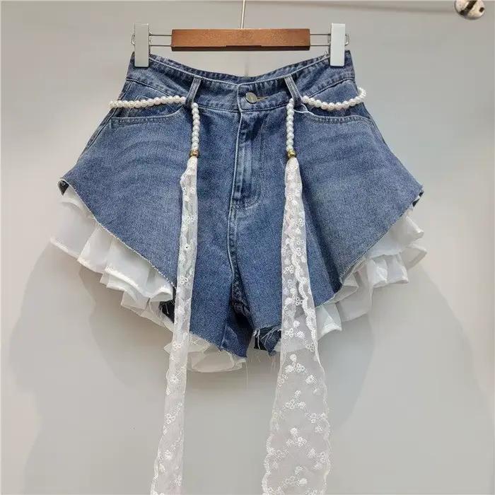 Shorts en jean bleu Aoaiiys pour femme, style Y2K avec patchwork à volants, shorts chauds d'été, streetwear 2026, occassions estivales