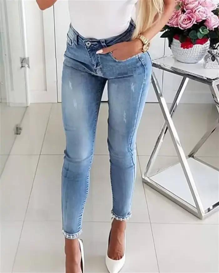 Perles perles jean grande fille taille haute jean extensible mignon nœud mode maigre Denim pantalon élégant Simple lavé arc perlé