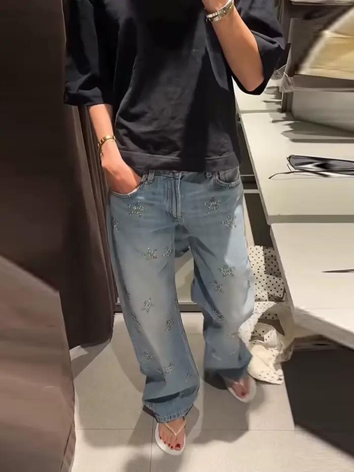 Jean large délavé bleu clair pour femme