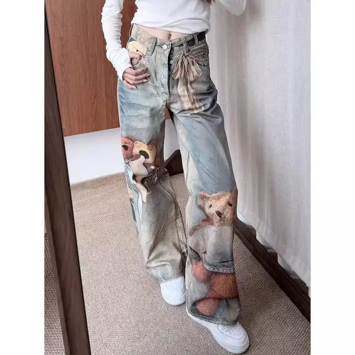 Jean large rétro imprimé ours américain pour femme
