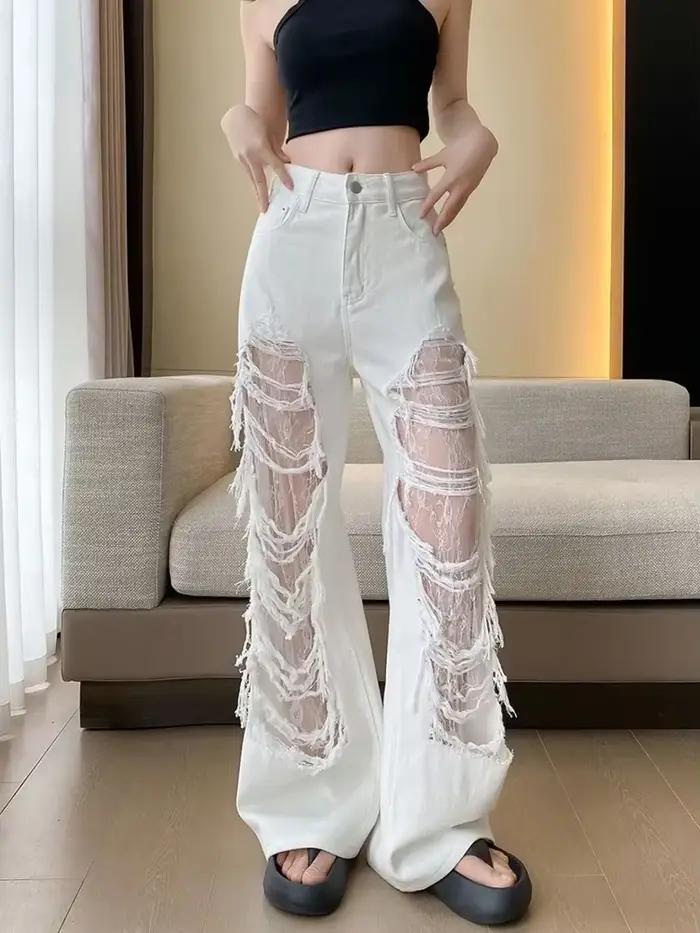 Jean blanc en dentelle pour femmes