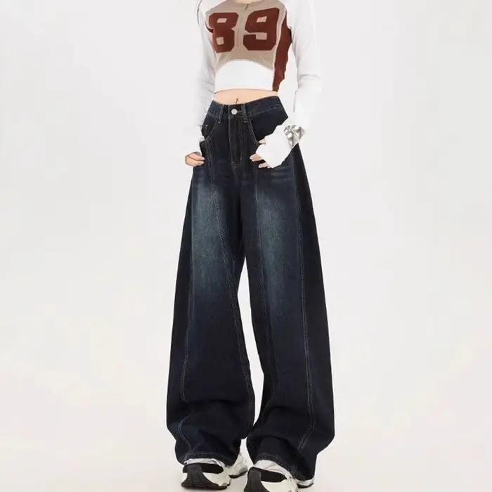 Jean large brodé rétro américain pour femme, coupe ample, denim confortable, style urbain décontracté, longueur au sol, printemps, ajustement lâche, occasionnels et événements informels