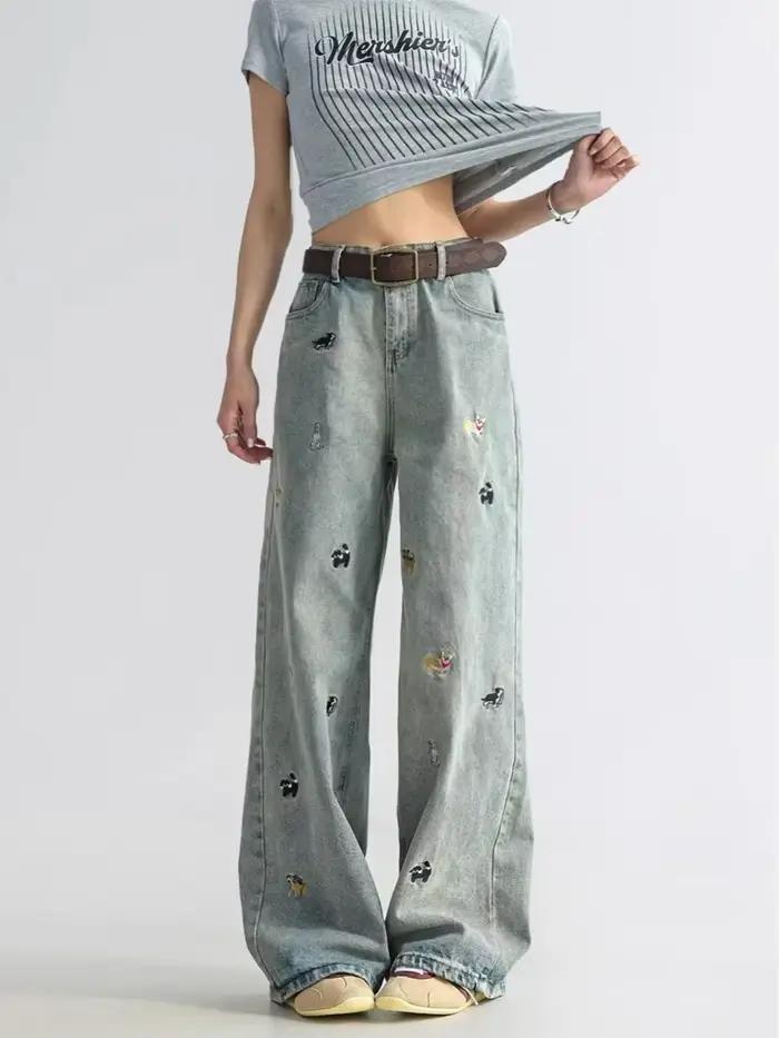 Jean femme jambe haute large évasé longueur de traînée chiot patte broderie Denim pantalon coupe ample