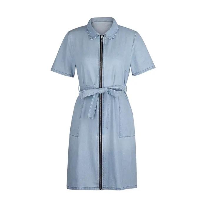 Robes en jean femmes Mini robe Vintage col rabattu à lacets poches zippées en détresse été