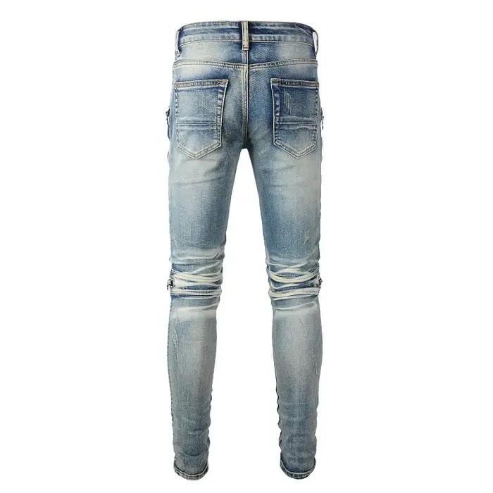 Jean homme en détresse moto couleur bleue avec nervures en cuir Patchwork fermetures éclair maigre déchiré