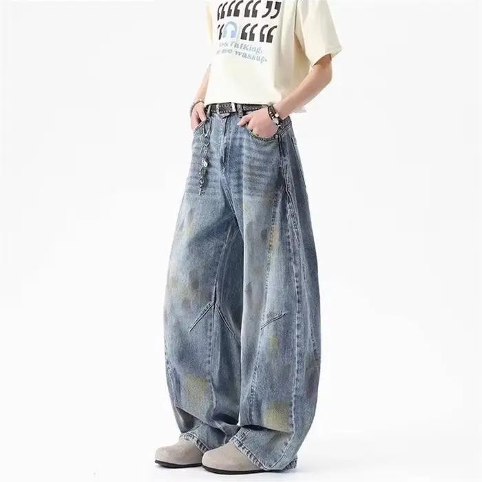 Jean Américain Vintage Effet Vieilli Tie-Dye Graffiti pour Homme