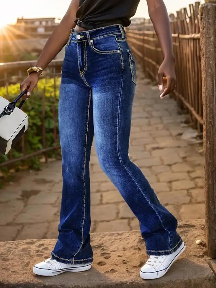 Denim Flare pantalon femmes lavé en détresse jean taille moyenne Streetwear 2025 automne Denims Vintage brodé poche