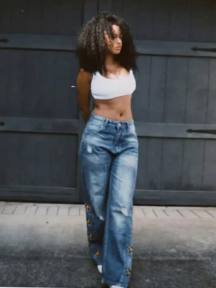 Jean femme taille haute broderie Denim pantalon mode