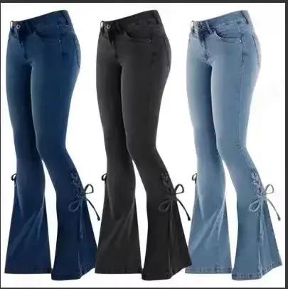 Pantalon évasé pour femmes Vintage jean à lacets extensible taille moyenne maigre en détresse lavé 2025 Streetwear