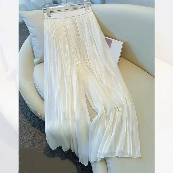 Pantalon large élastique taille haute pour femme plissé en mousseline fin et ample pour l'été pantalon droit tendance pour femme occassions décontractées et bureau ```
