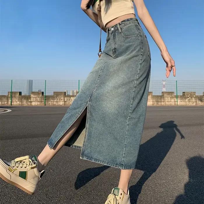 Jupe en jean fendue taille haute pour femmes