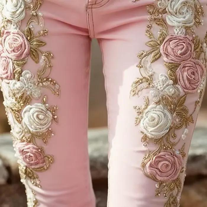 Pantalon Jean romantique imprimé fleur Rose vintage élégant pour femmes décontracté chic Harajuku automne hiver été