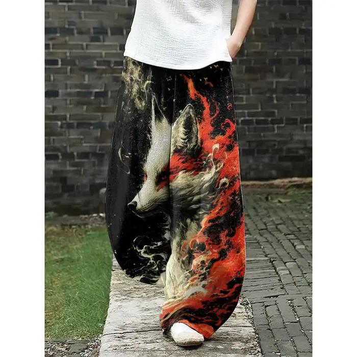 Pantalon à jambes larges imprimé renard prune Harajuku pour femme