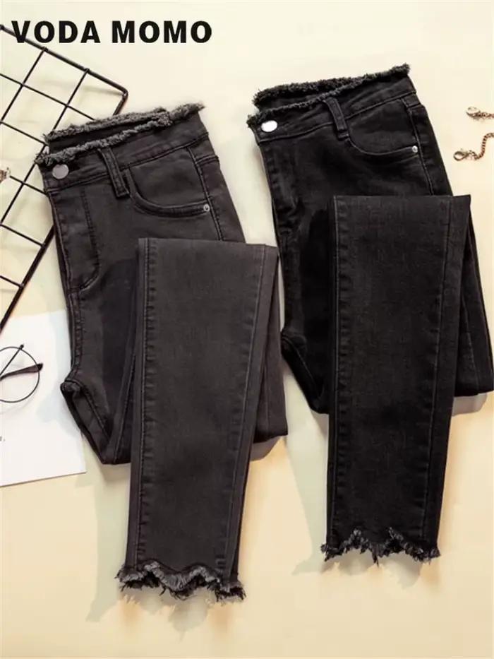 Jean en denim noir pour femmes, pantalon crayon, ajustement mince, fermeture bouton volant, matière acétate, style décontracté, pour toutes les saisons