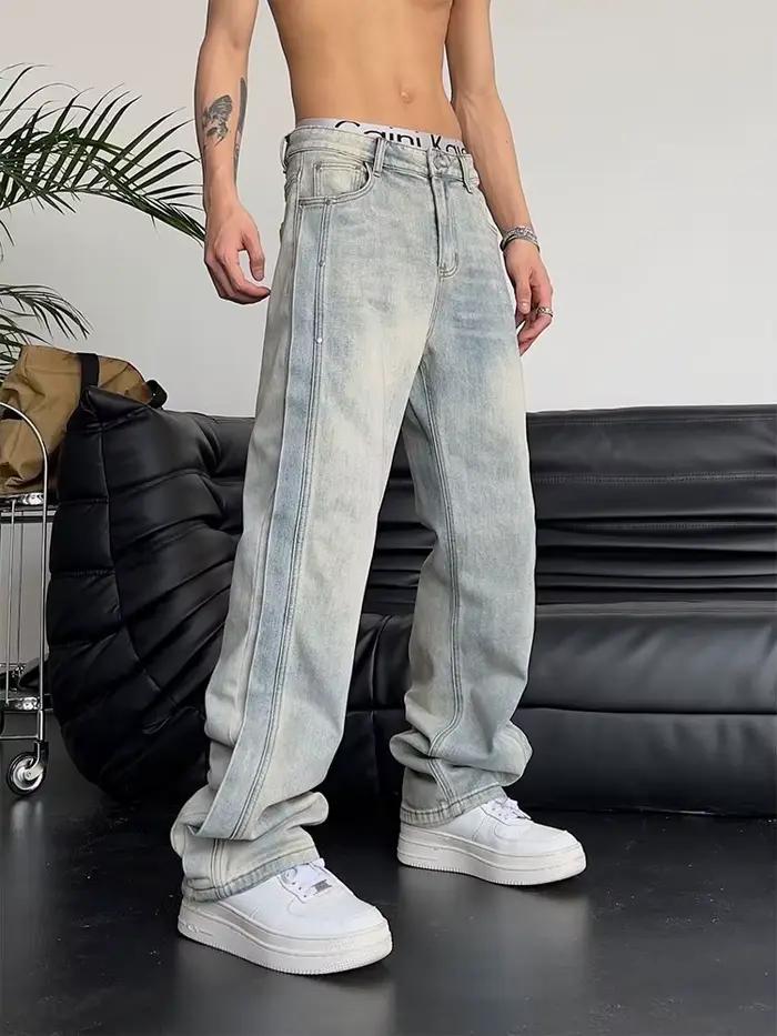 Jean pour hommes ample bleu clair Baggy droit homme Cowboy pantalon Punk épissé Y2k Vintage