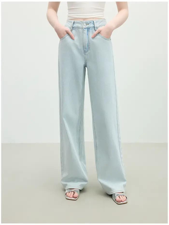 FSLE lavé en détresse taille haute jean droit pour les femmes 2025 été nouveau coupe mince polyvalent décontracté