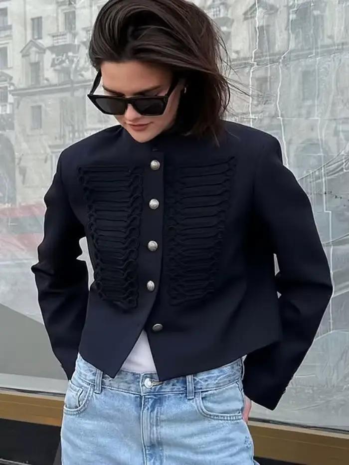 Veste courte militaire en denim rétro pour femmes, style chic et décontracté, polyvalent pour l'automne et l'hiver, vestes d'extérieur ajustées et confortables